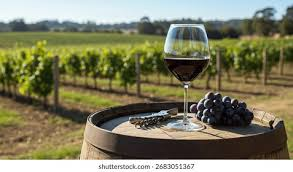 Viñedo, copa y barrica de vino